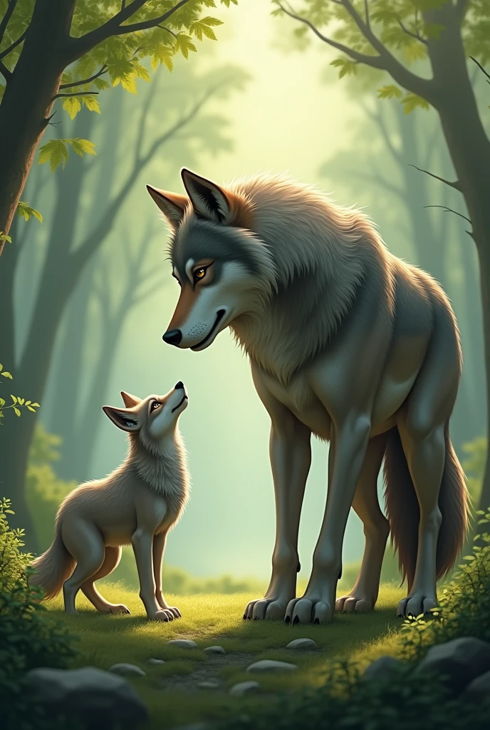 Make a small female wolf who is admiring another muscular male wolf 