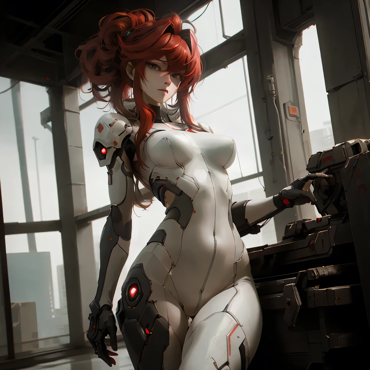 ((best quality)), ((Masterpiece)), (details:1.4), 3d, Image of a beautiful cyberpunk woman., HDR (high dynamic range), mature woman, Hips up, Curtain Bangs, Red hair, white eyes, battle suit, Heavy red armor, PBR surface, After processing, Anisotropic filtration,depth of field, Maximum clarity and clarity, multi-layered surface, perfect proportions, 8K raw files, cyberpunk, at night, ผมหลายชั้น, กระโปรงสั้น, natural lighting, soft lighting, sunlight, หน้าอกใหญ่,
