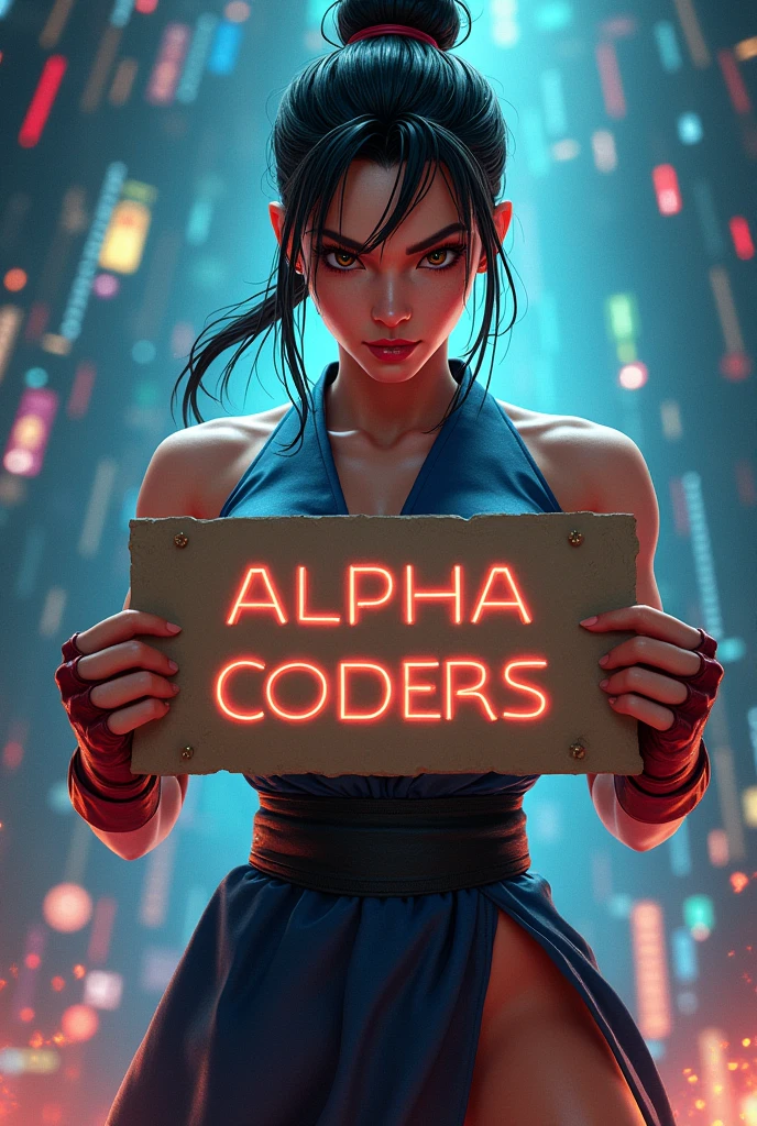 a detailed portrait of Chun Li Fighter holding a sign that says "Alpha C0ders" with a background of Python and JavaScript programming themes, highly detailed, photorealistic, cinematic lighting, dramatic composition, digital art