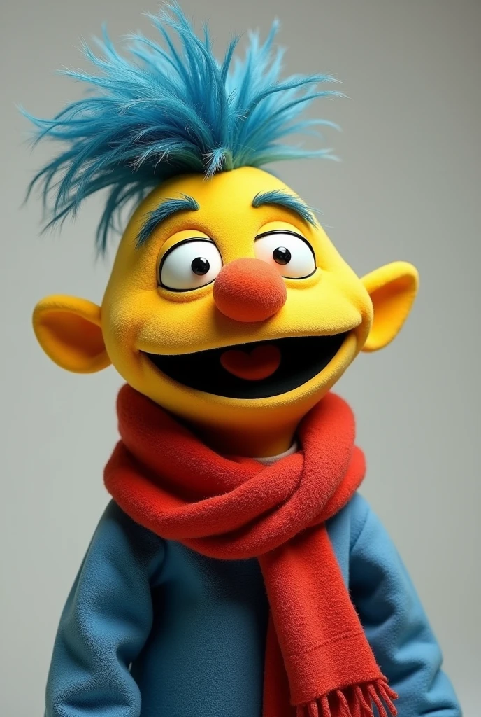 Create an image of a yellow puppet, blue hair with a pompadour shape, a smile, without eyebrows, is nose, black and slightly large pupils, a red scarf tied around her neck, blue sweatshirt.  Called Wally Darling 
