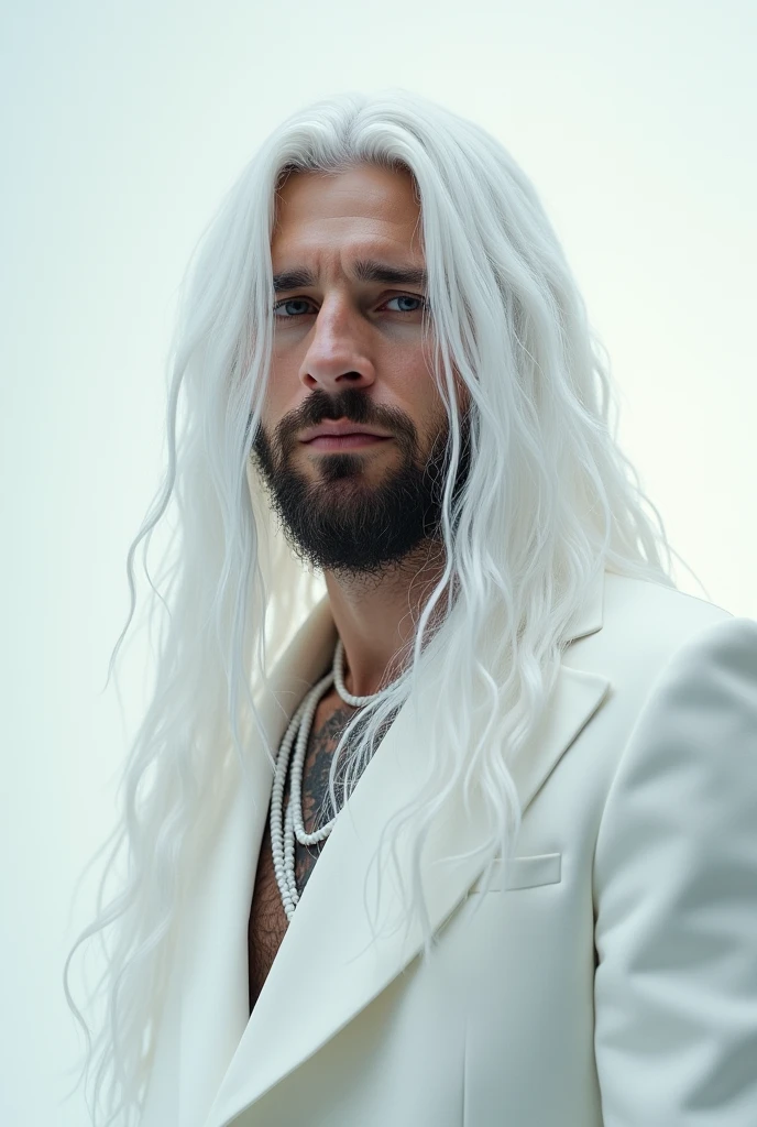 Messi is a rapper with long hair which colour is white and also wearing white dress 