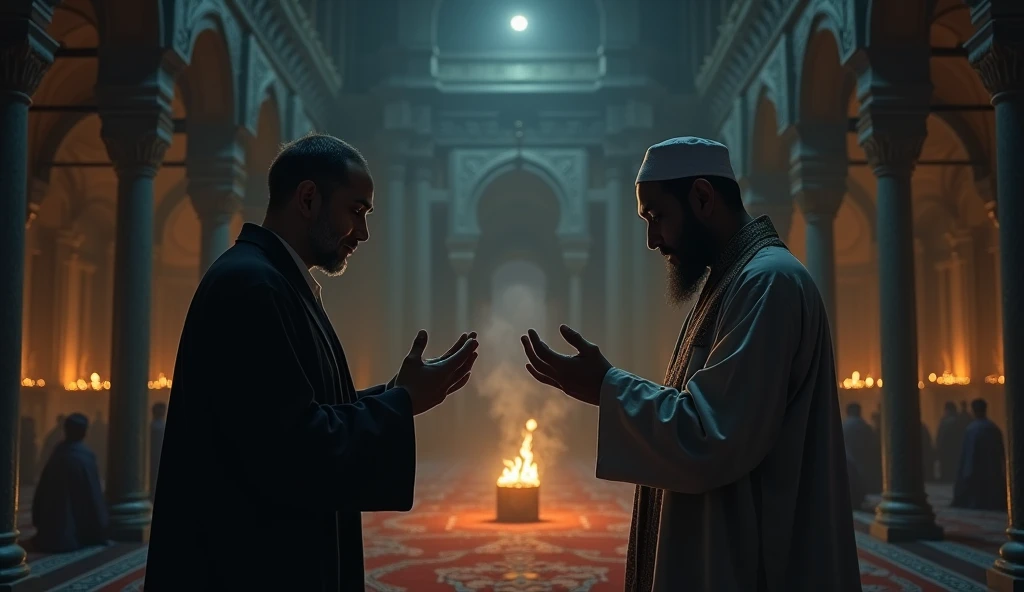 Scene 9: Ritual Preparation - Hasan and Ustaz Malik fasted and increased worship. Both of them were seen praying solemnly and preparing themselves in the dimly lit mosque..