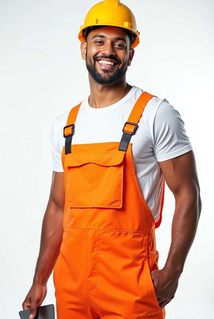 A man in a white T-shirt and orange construction overalls, smiling and holding a triangular shaped construction spatula in his hand, Studio Photography, studio lighting, realistic skin texture and detail, the man stands slightly sideways, background white uniform
