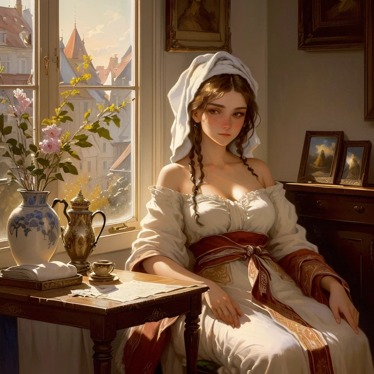 Painting of a woman, wrapped in a towel, sitting on the table, Franz Sedlaček, next to the window, Alexander Kucharsky, Emil Orlik, by Henryk Siemiradzki, в Carlo People, Alexander Ivanov, Alexander Deineka, near the window, early morning, by Fyodor Alekseyev