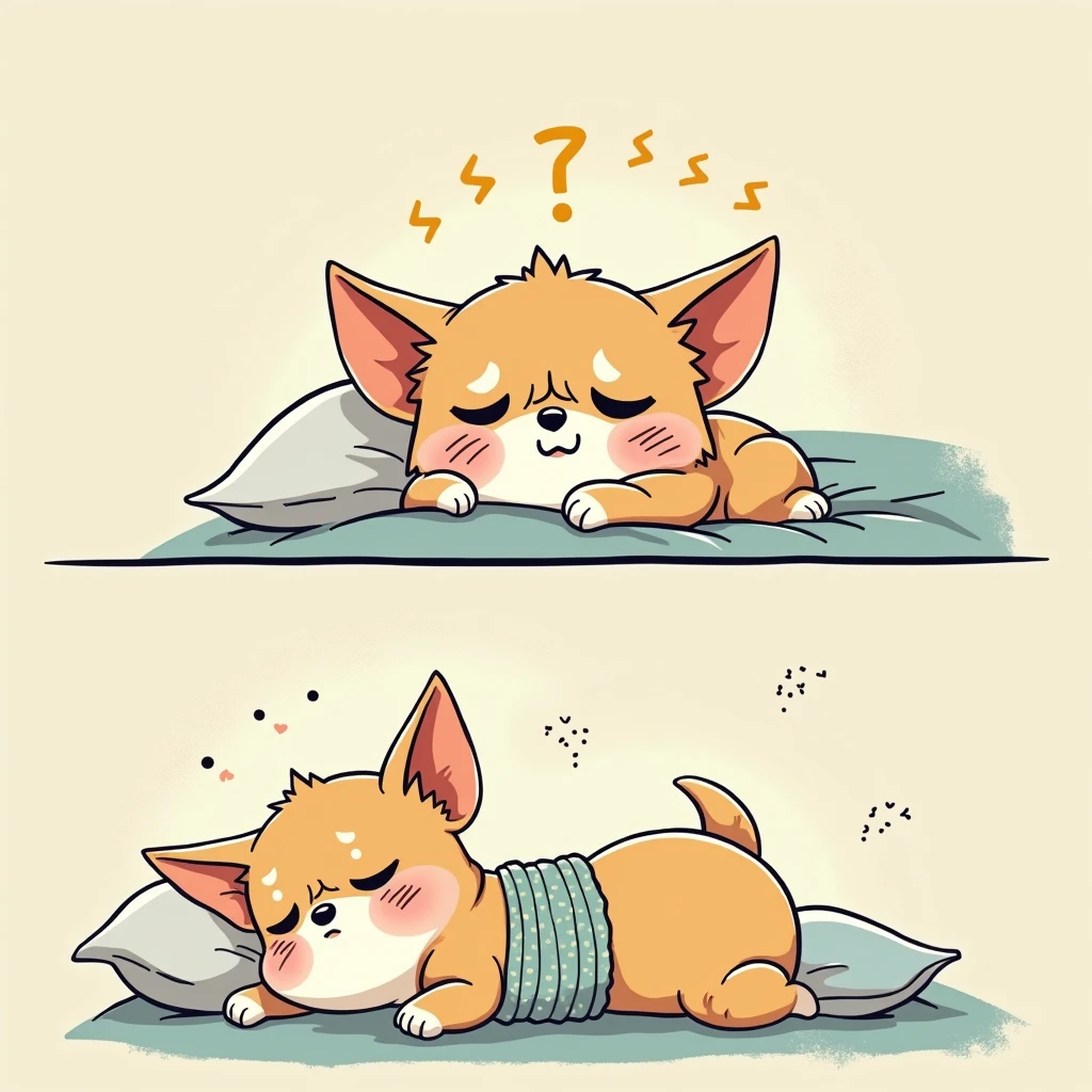 Chibi Style, 2-panel cartoon, dot halftone, Flat Color,Chihuahua having difficulty breathing and sleeping,Chihuahuas are fat,I am sleeping while snoring.,Troubled face