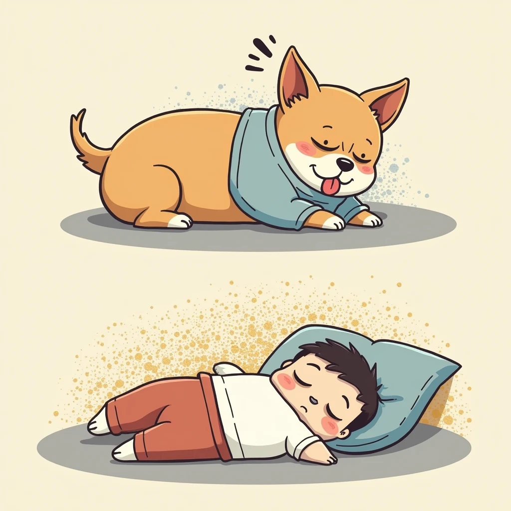 Chibi Style, 2-panel cartoon, dot halftone, Flat Color,Chihuahua having difficulty breathing and sleeping,Chihuahuas are fat,I am sleeping while snoring.,Troubled face