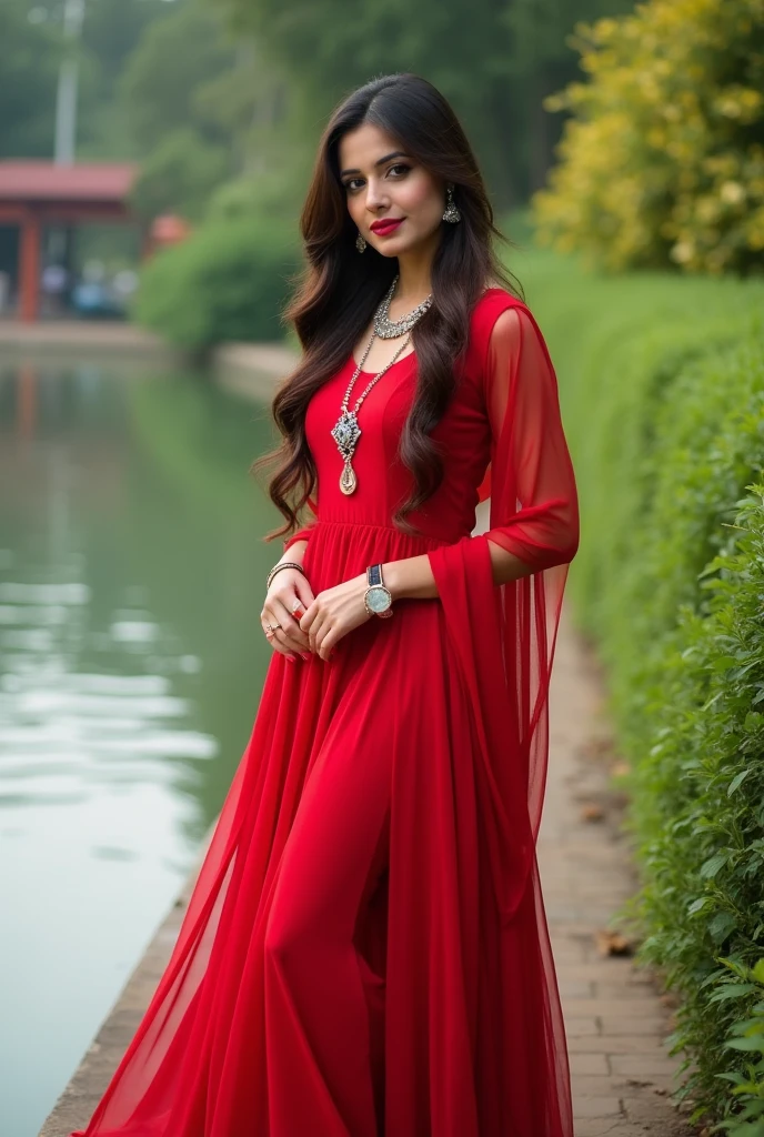 Beautiful pakistani women wear red maxi full picture long hairs style red lipstick brown eyes stand with horse silver necklaces red nail paint black heal sandal stand near ap greenery right side of water
