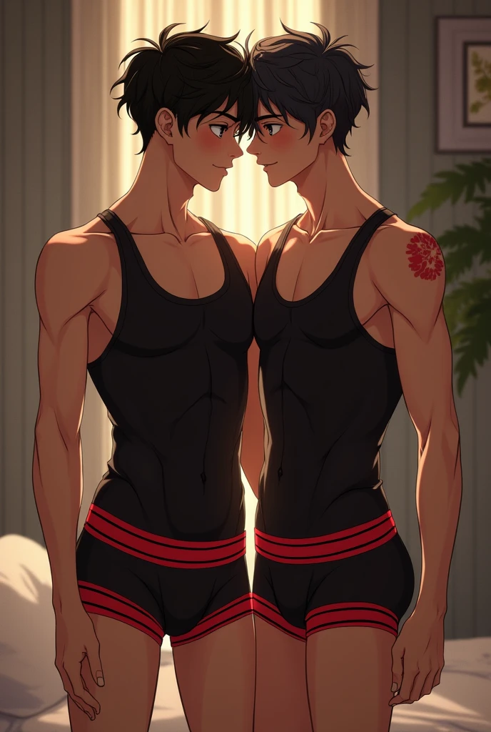 A 2 boy in tank top under vest and 
wide  red colour stripline on tank top under vest and were black trunk underwear and  wide  red colour stripline on underwear  with one boy friend in same clothes both 2 boy  are in home during sex time and were black tank top under vest tank top under vest under vest under vest under vest under vest under vest under