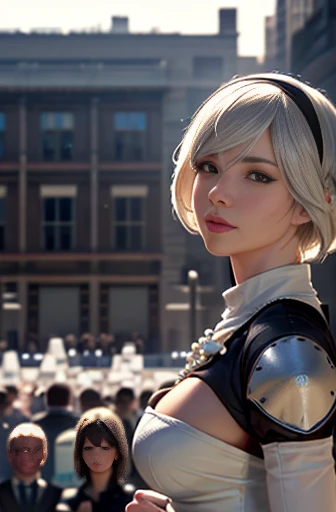 8k, ultra realistic, masterpiece, best quality, ultra detailed, beautiful face, beautiful skin, photorealistic, (professional lighting:1.2), nier_automata, 2B, light smile, pearl necklace, looking at viewer, cowboy shot, focus on face, ultra sharp, on street in business district, ultra detailed photo background, (((with the crowd)))