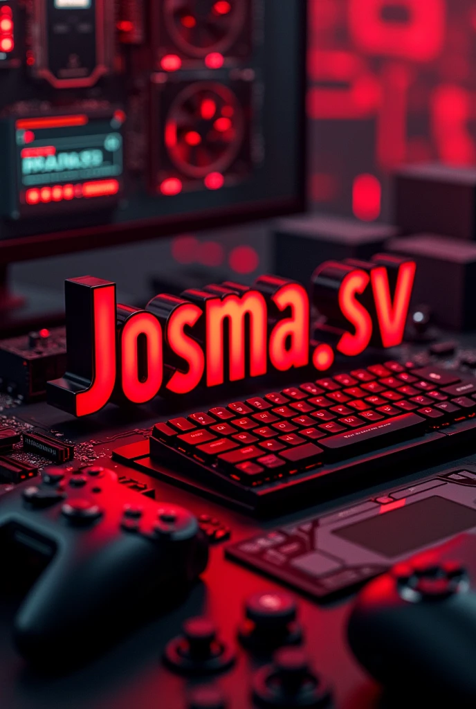 For YouTube cover with name josma.sv in red and black color and background of computers and game consoles