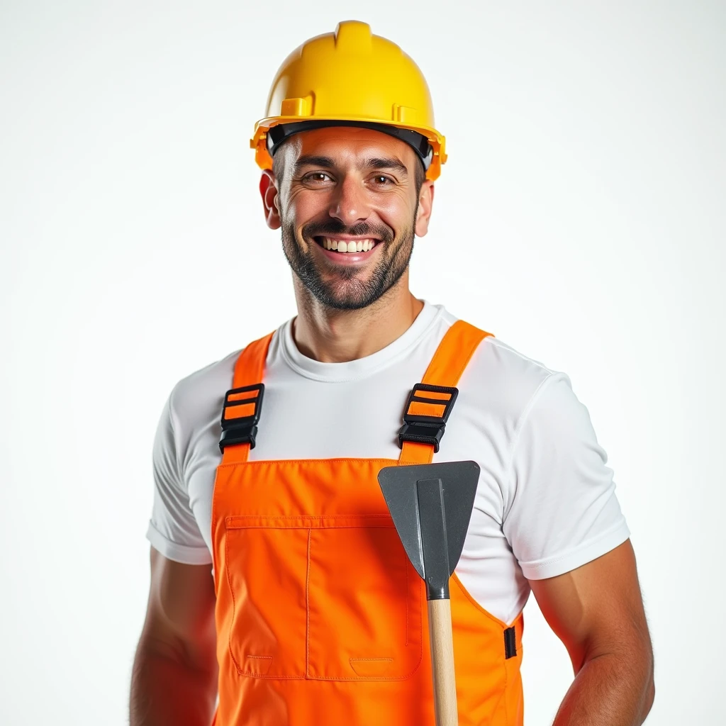 A man in a white T-shirt and orange construction overalls, smiling and holding a triangular shaped construction spatula in his hand, Studio Photography, studio lighting, realistic skin texture and detail, the man stands slightly sideways, background white uniform