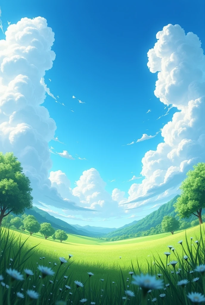 Meadow, clear blue sky, huge clouds, fish eye effect