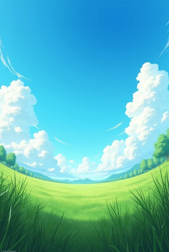 Meadow, clear blue sky, huge clouds, fish eye effect