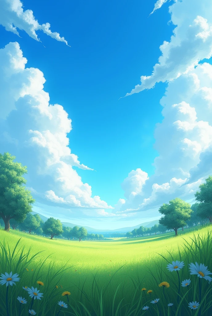Meadow, clear blue sky, huge clouds, fish eye effect