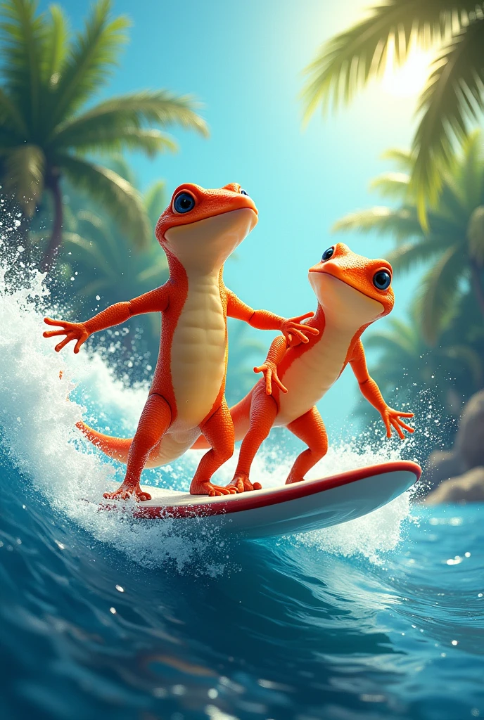 Two salamanders surfing