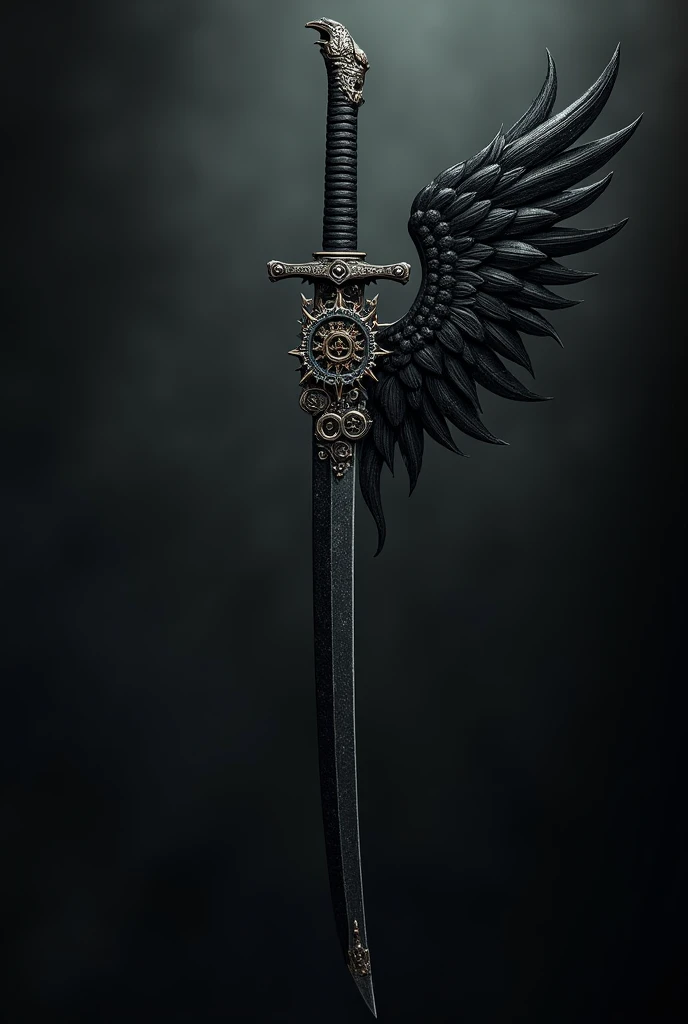 A black katana decorated with gears and a black wing on one side.