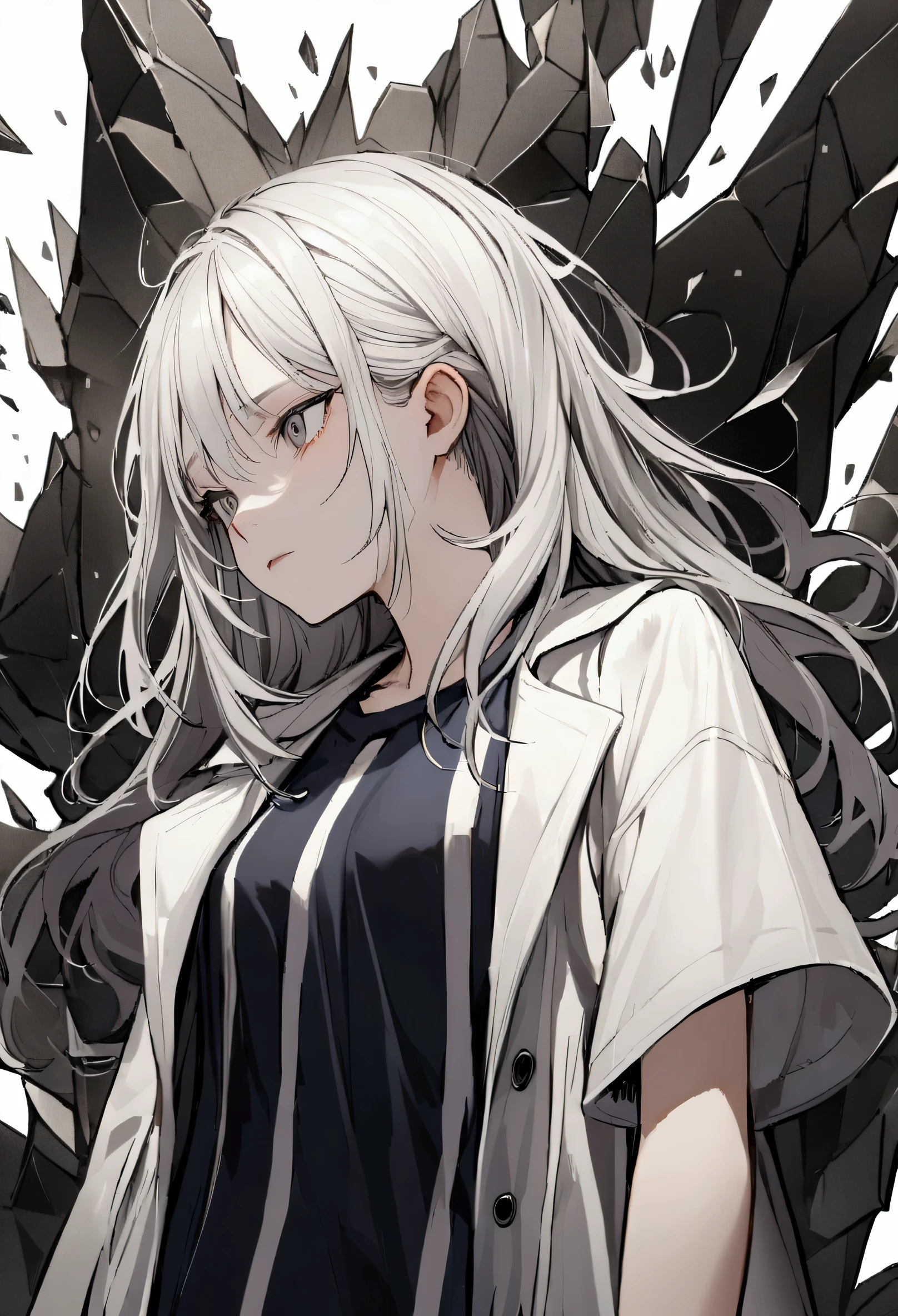 age girl, tidy hair, medium length hair, multicolored black and white hair, middle stripe, gray eyes, face neutral, dark blue shirt, loose white short sleeve overcoat, white tattoos on the body, metal shards around the character