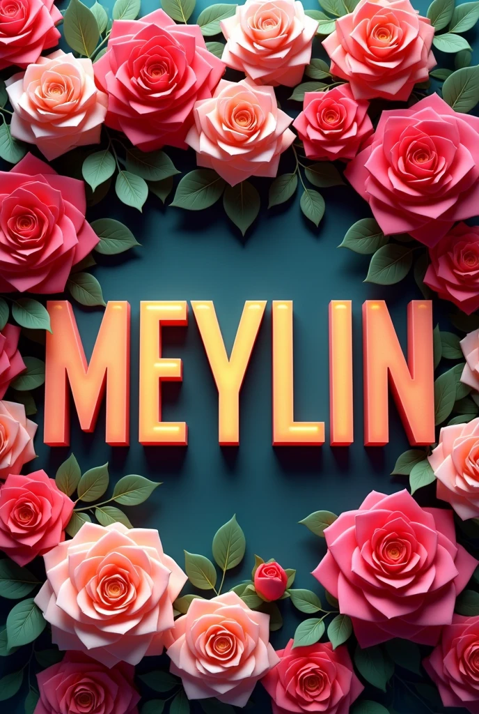 Meylin text in capital letters with a background of brightly colored roses in 3D the letters