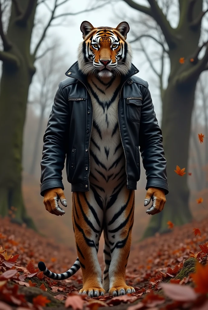 Skinny tiger in black leather jacket leaning against a tree looking at the camera on an autumn day