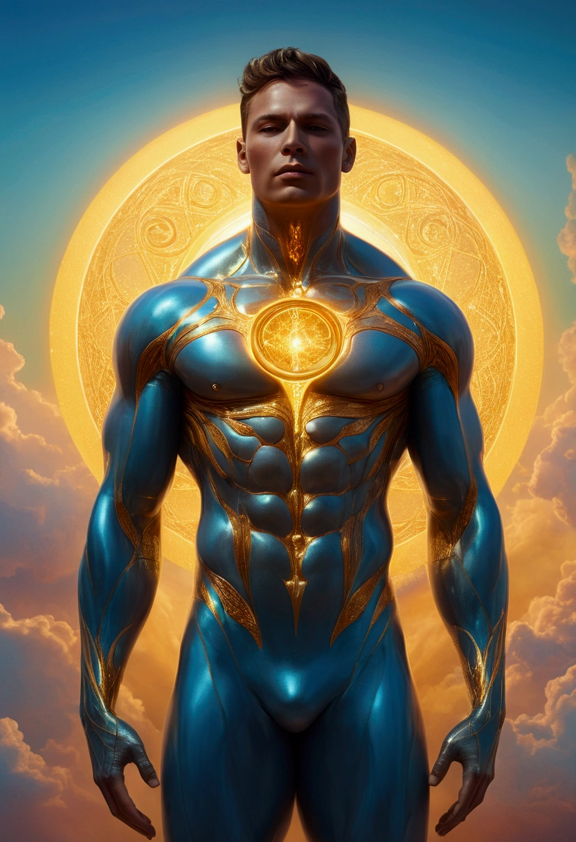 wide view, full size, surreal fine art style hunk figure with skin symbolizing transient mortality, engulfed in ethereal and enchanting light indicating an everlasting realm, gaze lifted to infinite skies, soft volumetric light suffusing the scene, colors vivid and lifelike, golden ratio composition, trending on Art station, 8k quality photorealistic concept art, enveloped in a mysterious aura, utilizing complementary colors, octane rendering, Mysterious, glazing technique to achieve great depth and luminosity, glossy, shiny, highly detailed, masterpiece, triple exposure technique employed, ultra-detailed, cinematic.