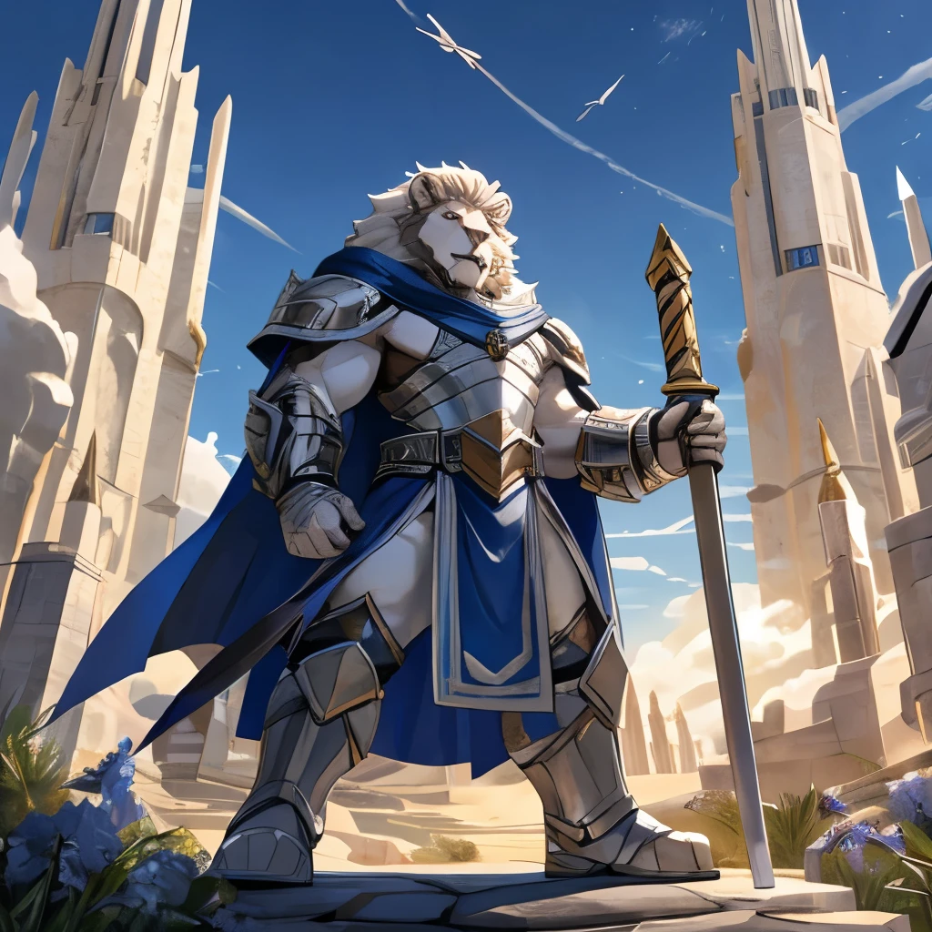 Lion , white fur, silver armor, sky blue cape，Detailed Character Details, a hammer, on location, blue sky, white citadel 