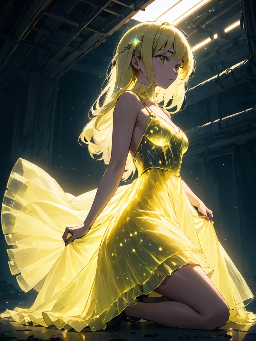 Dystopian style anime style beautiful woman wearing a Light Yellow (bioluminescent dress) The Underworld, Prone, Extreme Close-Up, from side, . Bleak, post-apocalyptic, somber, dramatic, highly detailed