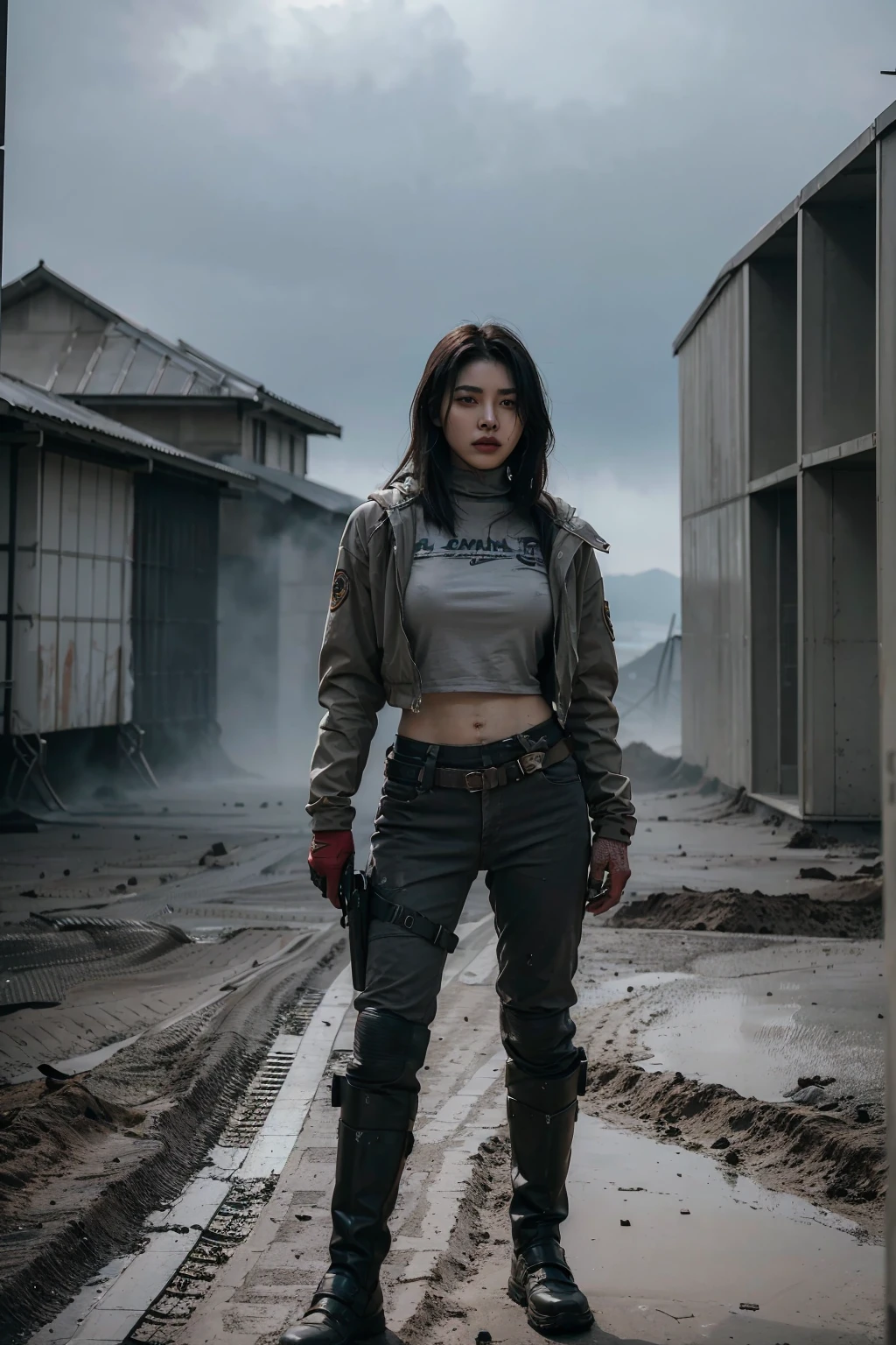 (1 girl:1.3), alone, __body parts__, Doomsday Wasteland Style, Full of dust, storm, dirty, gray tones, 8K resolution images, Complex symmetrical details. Overall invincible and heroic., Most of them are images of women standing all over., With smooth movements and confident expressions.