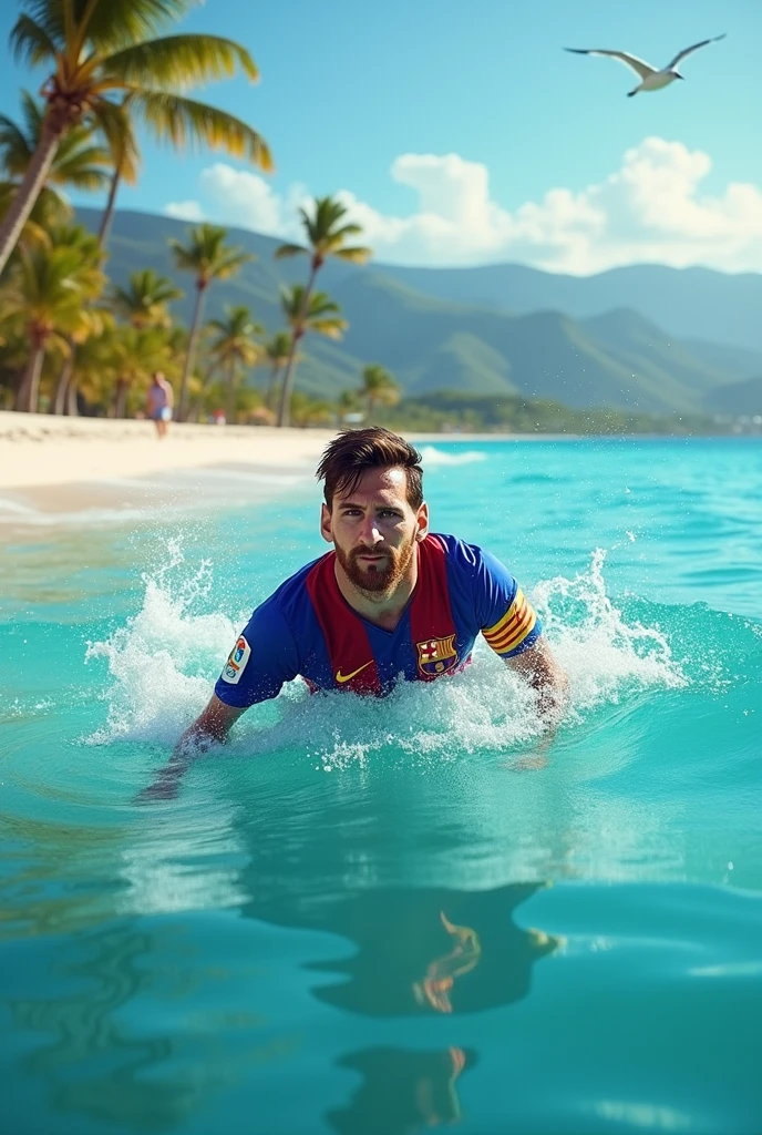 Messi is swimming in the sea beach