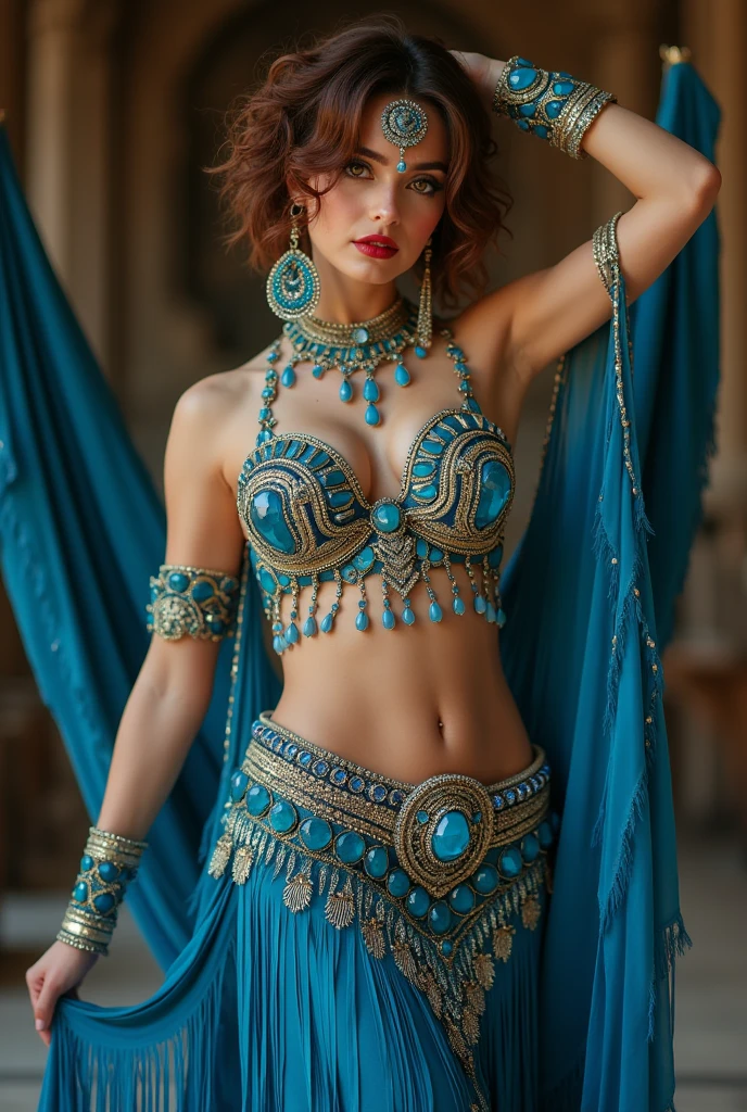 it&#39;s a belly dancer, the bra, belt and skirt are blue, with rhinestones, sheen, sequins and some fringes, she has very white skin, short-hair, curly and light brown color, Her mouth is very full and has red lipstick, the makeup is a very smoky black (Egyptian Style), the earrings are very big, with blue stones too, she is not thin, but she&#39;s not obese either, has a lot of chest, very thin and upturned nose, has a mole on the tip of his nose and another between his nostrils, thick and well-filled eyebrows, she is in a belly dancing position, has light brown eyes, the eyes are a little droopy, sometimes it seems like they are "sad eyes"