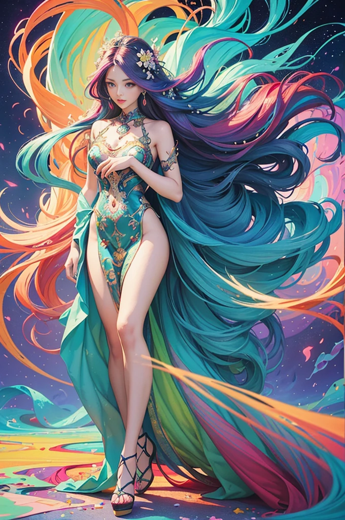 Painting of woman with long hair and colorful hair, beautiful digital illustration, stunning digital illustration, gorgeous digital art, A beautiful artistic illustration, Beautiful digital artwork, beautiful digital art, Beautiful digital illustrations, intricate digital painting, Very Beautiful Digital Art, vibrant digital painting, beautiful gorgeous digital art, Psychedelic flowing long hair, Colorful digital painting, Inspiring digital art, stylized digital art