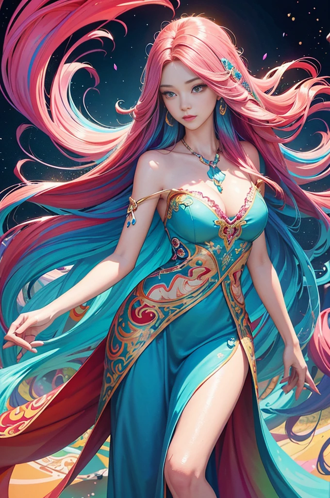 Painting of woman with long hair and colorful hair, beautiful digital illustration, stunning digital illustration, gorgeous digital art, A beautiful artistic illustration, Beautiful digital artwork, beautiful digital art, Beautiful digital illustrations, intricate digital painting, Very Beautiful Digital Art, vibrant digital painting, beautiful gorgeous digital art, Psychedelic flowing long hair, Colorful digital painting, Inspiring digital art, stylized digital art