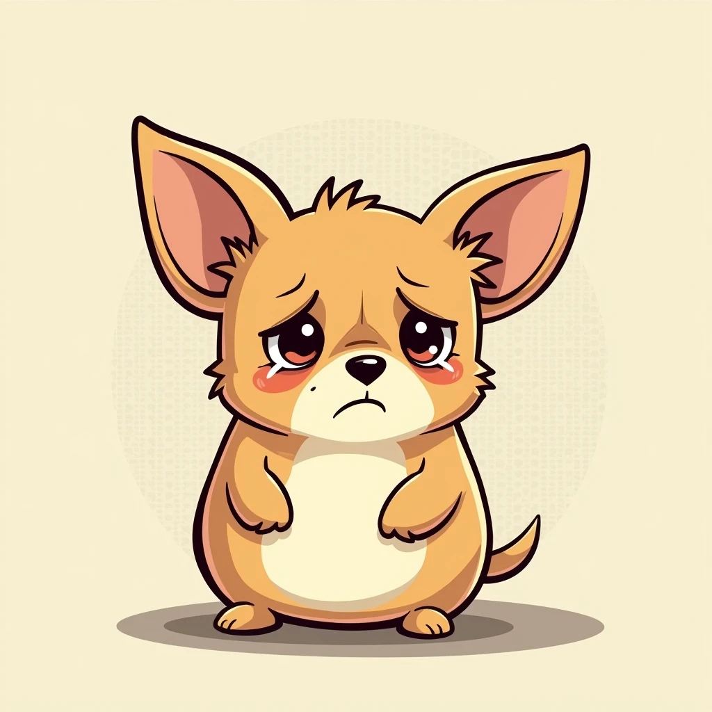Chibi Style, 2-panel cartoon, dot halftone, Flat Color,A distressed chihuahua,Chihuahuas are fat,Troubled face