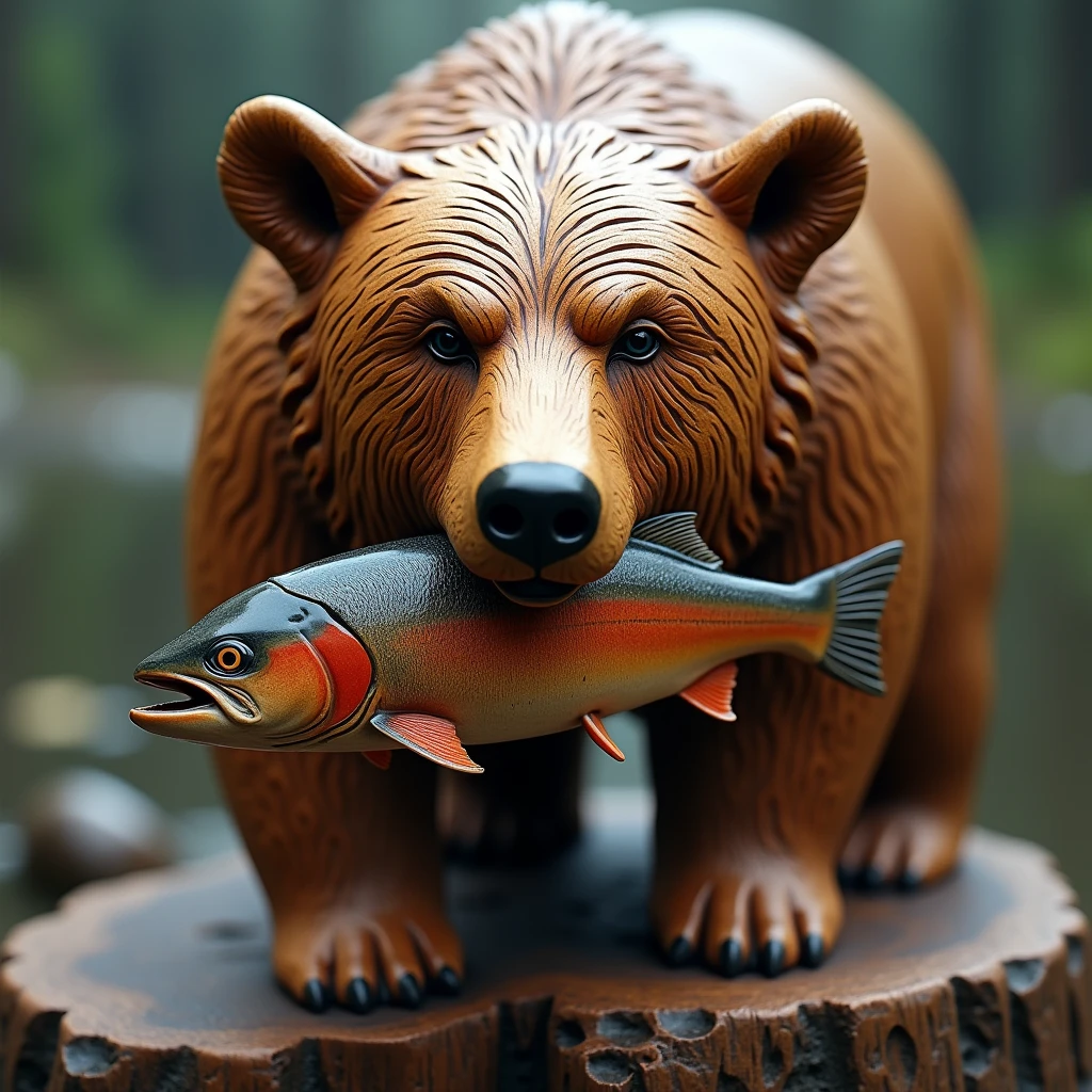 Super realistic. A full-body wooden carving of a brown bear holding a salmon in its mouth, with wood texture and realistic carving marks, Official souvenir poster, bokeh effect, depth of field, hyper Realistic, Spot Lighting