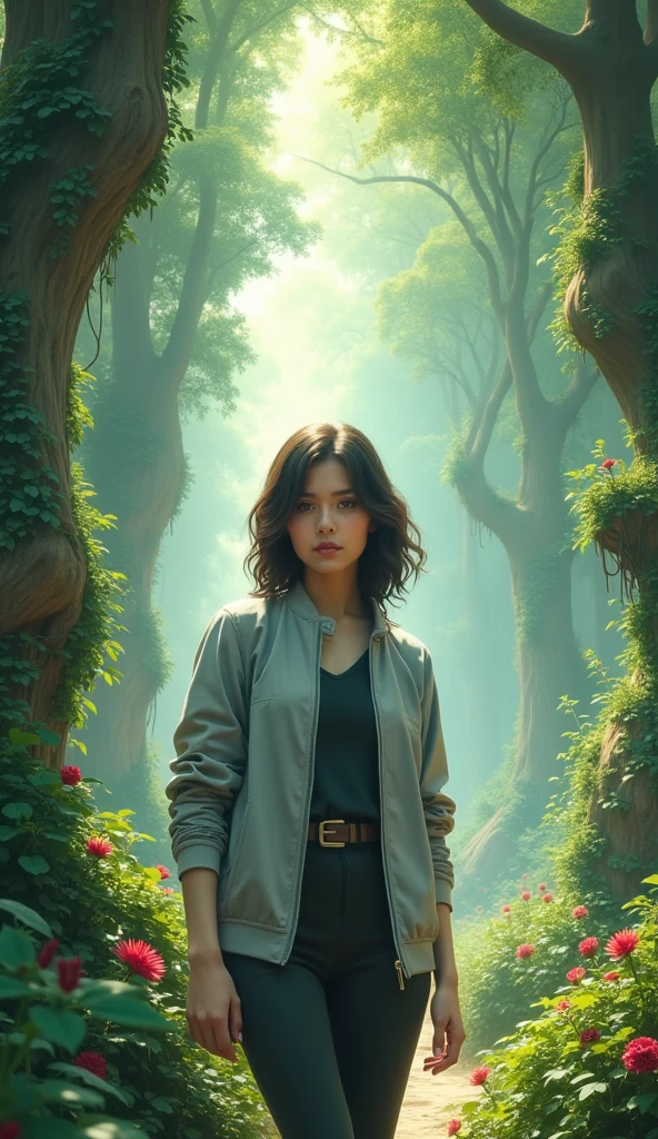 A young woman stands in a lush, fantastical forest setting, surrounded by towering trees adorned with vibrant greenery and gentle light filtering through the canopy. She wears a light gray jacket over a dark outfit, with her hair styled in loose waves. The background features spiraling branches and a playful arrangement of plants and flowers, adding an ethereal touch to the scene. The atmosphere is serene and enchanting, evoking a sense of wonder and exploration.
