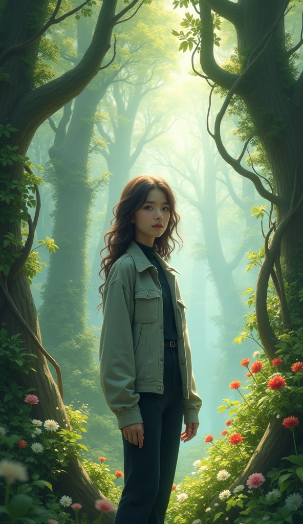 A young woman stands in a lush, fantastical forest setting, surrounded by towering trees adorned with vibrant greenery and gentle light filtering through the canopy. She wears a light gray jacket over a dark outfit, with her hair styled in loose waves. The background features spiraling branches and a playful arrangement of plants and flowers, adding an ethereal touch to the scene. The atmosphere is serene and enchanting, evoking a sense of wonder and exploration.