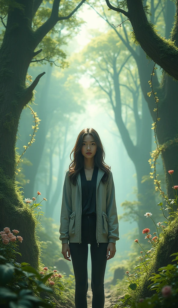 A young woman stands in a lush, fantastical forest setting, surrounded by towering trees adorned with vibrant greenery and gentle light filtering through the canopy. She wears a light gray jacket over a dark outfit, with her hair styled in loose waves. The background features spiraling branches and a playful arrangement of plants and flowers, adding an ethereal touch to the scene. The atmosphere is serene and enchanting, evoking a sense of wonder and exploration.