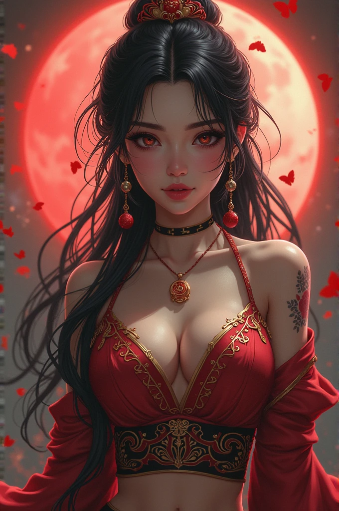 A lotus flower half stained red with blood in the darkness, a beam of moonlight hit it --auto --s2