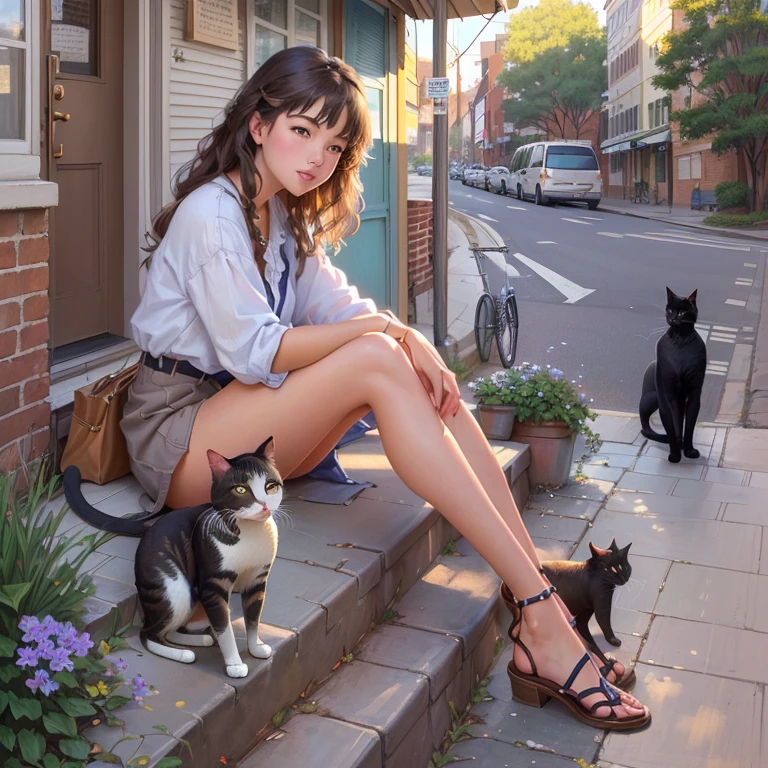 Painting of a woman, sitting on the step with a cat, inspired Steve Hanks, художник Steve Hanks, Steve Hanks, inspired by Cynthia Sheppard, Summer morning, On the sidewalk, on a city street, Summer afternoon, woman and cat, early evening, Peter Vtevael, Summer morning light, On the sidewalk, In the city, On the street