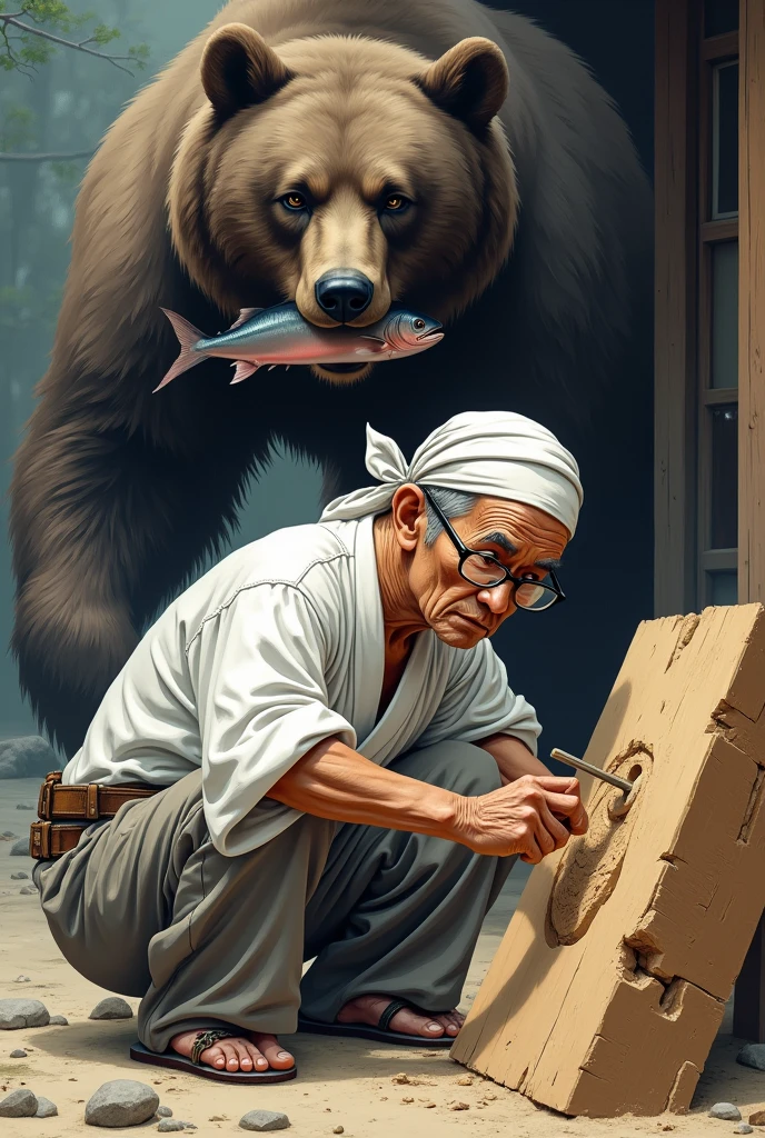 The old sculptor. Japanese, Traditional Craftsmen, White rough shirt, Rough cotton trousers, nervous face, Glasses that are about to fall off, A head towel wrapped like a pirate, concentrated, Carving work, Carving a block of wood with a chisel, The block of wood is roughly carved, The block of wood is dug halfway through., A big bear walks up behind me, Walking with a salmon in his mouth