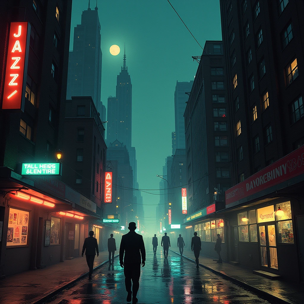 Night city surrealism jazz retro cover album. Retro art like a old vinyl cover.