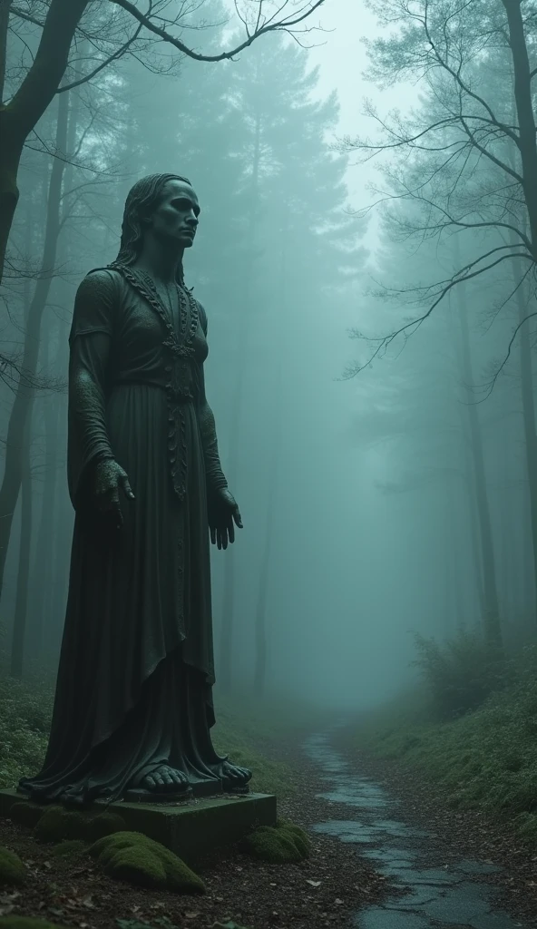 (best quality, masterpiece), dark fantasy world, broken statue of Fallen God, powerful god, spread arm, damaged second hand of statue, covered with moss, forgotten, standing on the side of a path in a dense forest, thick fog, (hints of magical aura,evoking a sense of mystery), (sinister and otherworldly, supernatural presence, ethereal ambiance), mistical, dark