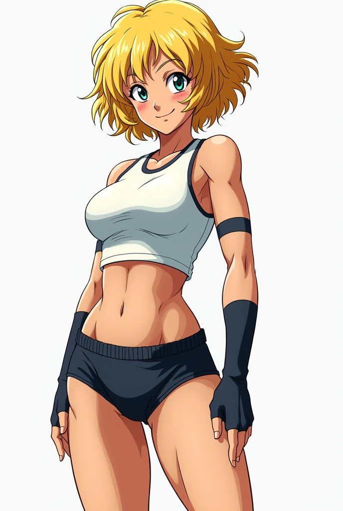 (Masterpiece, Photorealistic, Girl Videl from Lara croft, Detailed, Full body view, Short blond hair, topless, Short obscure gloves, Dark micro short athletic wear, Athletic shoes, Light smile) A stunning masterpiece featuring the intricately detailed Girl Videl from Dragon Ball GT. With her short curly hair bouncing playfully around her face, she dons a white micro camiseta that hugs her slender frame, revealing her well-defined muscles. Her short obscure gloves cover her arms, adding to her fierce fighting spirit. A pair of dark micro short athletic wear and athletic shoes complete her outfit, as she casts