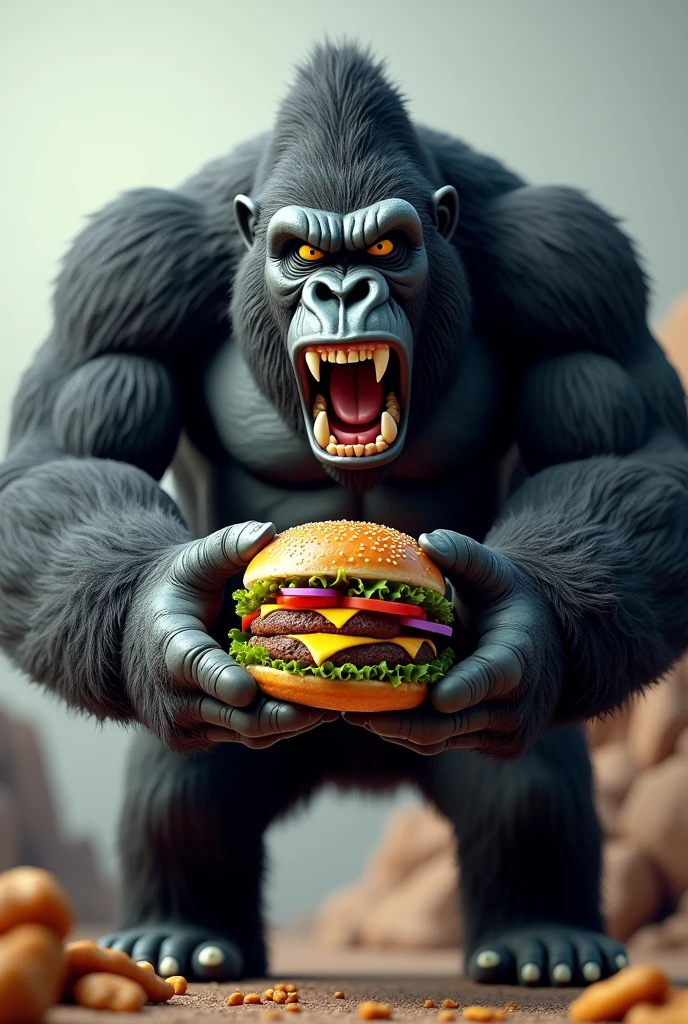 Create a King Kong in 3D effect with a crazy hungry face holding a hamburger with both hands