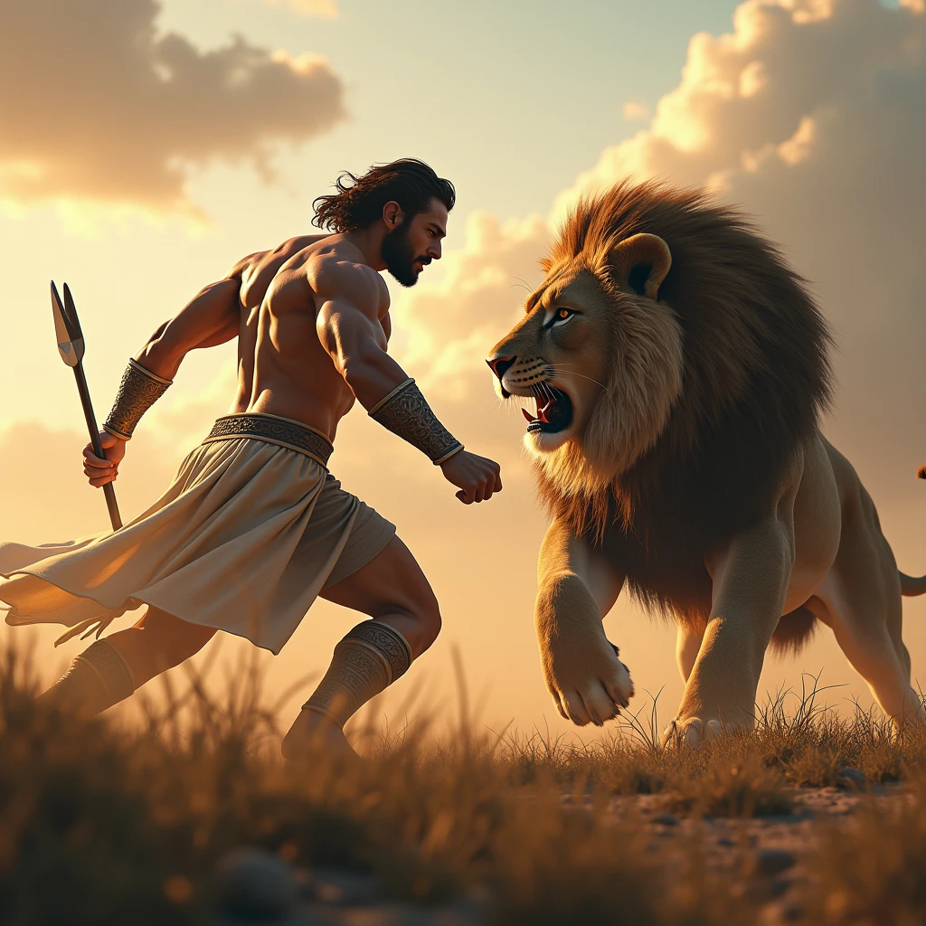 masterpiece、Highest quality、Highest quality、Detailed Description、Brave、art、Epic、One strong man、Greek Mythology、Based on the hero Hercules、An epic battle、battlefield、Sharp Eyes、Hercules slaying the lion、4K Graphics