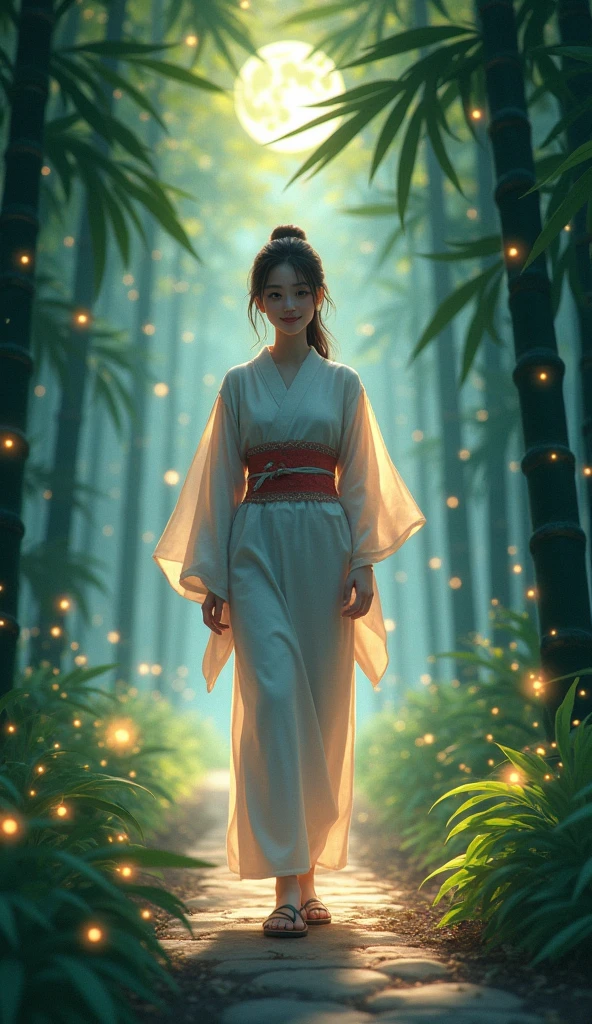 Summer kimono,moonlight,Light,(Summer festival,Fiesta),fire Fly,bamboo forest,Face Lens,smile,geta