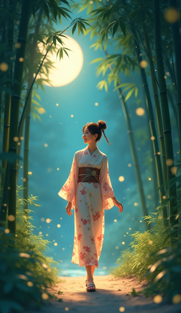 Summer kimono,moonlight,Light,(Summer festival,Fiesta),fire Fly,bamboo forest,Face Lens,smile,geta
