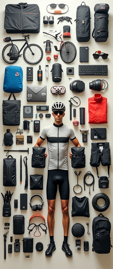 A hundred of any cyclist&#39;s items on one large painting means completeness, absence of a person, only items