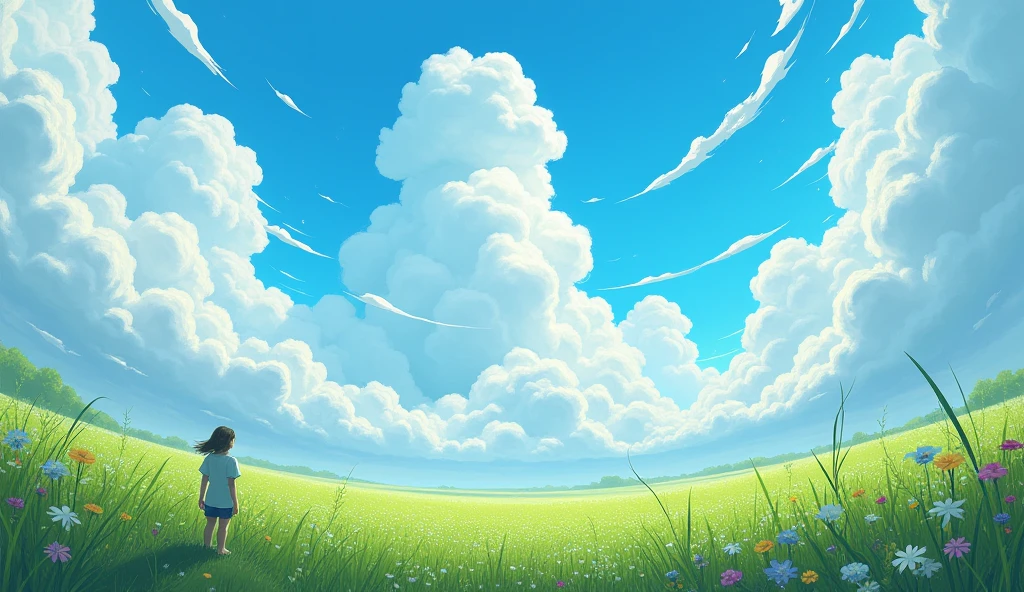 Meadow, clear blue sky, huge clouds, fish eye effect, very small guy at bottom left side