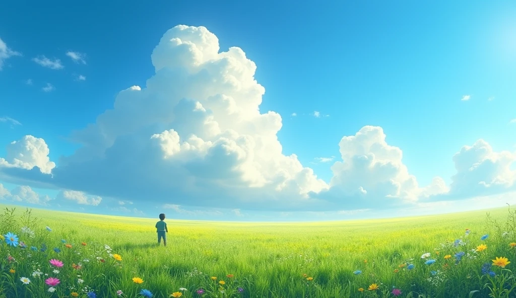 Meadow, clear blue sky, huge clouds, fish eye effect, very small guy at bottom left side