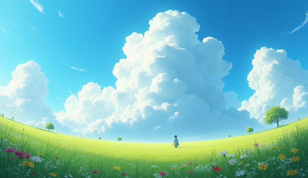Meadow, clear blue sky, huge clouds, fish eye effect, very small guy at bottom left side